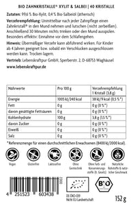 Etikett von Vitanur Bio Zahnkristalle Xylit Salbei, Zutaten, Nährwerte, vegan, glutenfrei, 152g