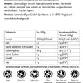 Etikett von Bio Zahnkristalle Xylit Zitrone, Zutatenliste, Nährwerte und Bio-Logo, vegan, glutenfrei.