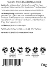 Rückseite der Vitanur Frauentee Zyklus Balance 100g Packung mit Zutaten, Anwendung, vegan, glutenfrei, laktosefrei, ohne Gentechnik.