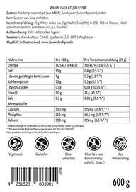Whey Isolat Pulver Rückseite mit Nährwerttabelle, Zutaten, Siegeln und Barcode, 600g Packung