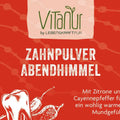 Vitanur Zahnpulver Abendhimmel Verpackung, rote Etikette mit Zitrone und Cayennepfeffer, 50g
