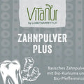 Etikett von Vitanur Zahnpulver Plus, basisches Zahnpflegepulver mit Bio-Kurkuma und Bio-Pfefferminzöl, 45g