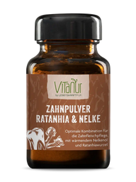 Vitanur Zahnpulver Ratanhia Nelke im braunen Glas mit schwarzem Deckel, 45g, Zahnpflegepulver