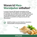 Maca-Wurzelpulver in Glasschale mit Maca-Wurzeln, Text zu Coenzym Q10, VITALOVE Logo
