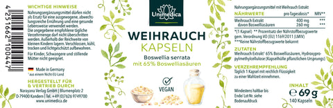 Weihrauch - Boswellia serrata - 400 mg pro Tagesdosis (1 Kapsel) - 140 Kapseln
