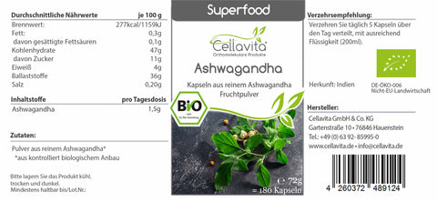 Superfood Ashwagandha bio 180 Kapseln Glas