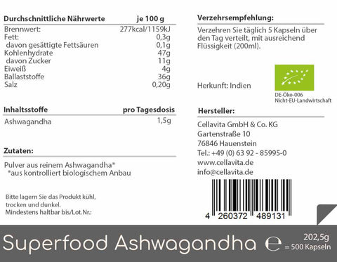 Superfood Ashwagandha bio 500 Kapseln Vorratsbeutel
