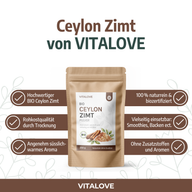 VITALOVE Bio Ceylon Zimtpulver – Infografik mit Hinweisen zur Dosierung und Verwendung