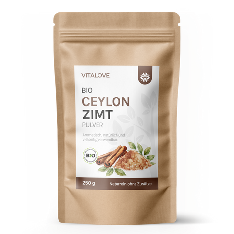 VITALOVE Bio Ceylon Zimt, 250 g – wiederverschliessbarer Beutel mit fein gemahlenem Zimtpulver