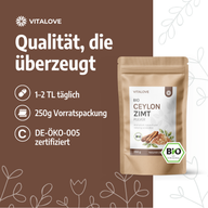 100 % Bio Ceylon Zimtpulver von VITALOVE – Produktgrafik zum Inhalt der 250-g-Packung