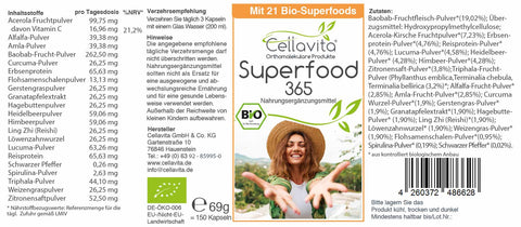 Superfood 365 Bio "Nouvelle Recette" - avec 21 superaliments bio - 150 gélules