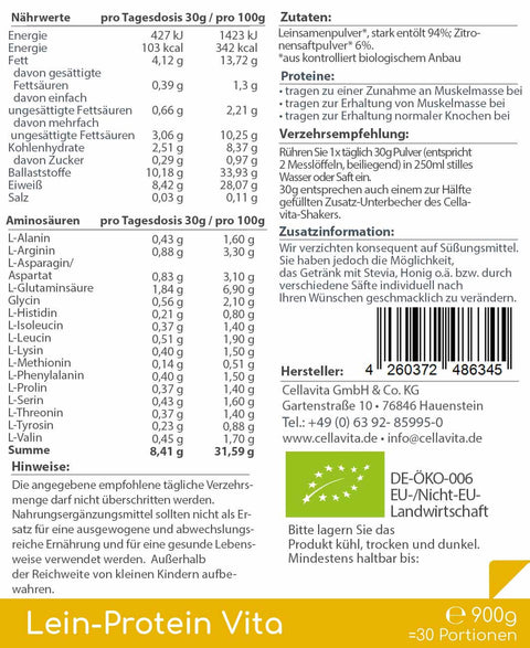 Lein-Protein Vita natürlicher Bio Proteinshake - 30 Portionen - 900g