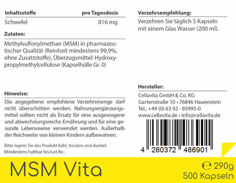 MSM - Soufre organique - 500 capsules dans un sac de rangement
