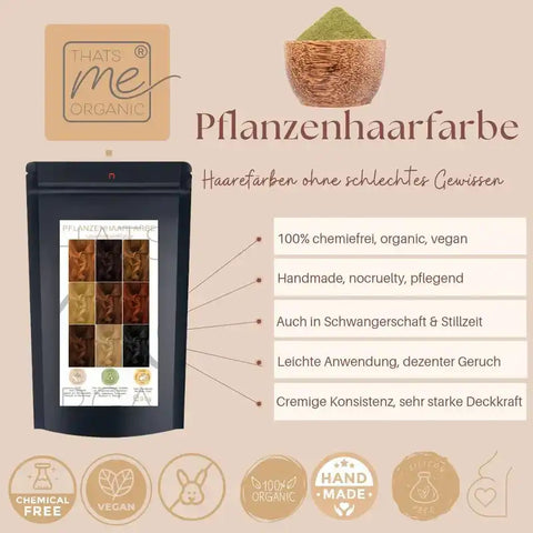 Pflanzenhaarfarbe Verpackung, vegane, organische, chemiefreie Haarfarbe, Produktdetails, Symbole