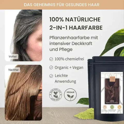 Vorher-nachher Vergleich von grauem zu braunem Haar mit pflanzlicher, veganer Haarfarbe, Produktverpackung rechts.