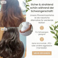 Vorher-nachher Vergleich von Haaren nach Anwendung pflanzlicher Haarfarbe für Schwangere, schwangerer Bauch, Text über sichere Haarfarbe ohne Chemikalien.