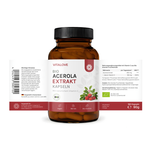 Natürliches Vitamin C Kapseln - Bio Acerola Extrakt - 180 Kapseln