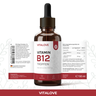 Etikett der VITALOVE Vitamin B12 Tropfen mit Methylcobalamin und Adenosylcobalamin, 50 ml