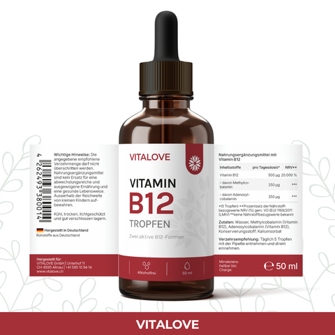 Etikett der VITALOVE Vitamin B12 Tropfen mit Methylcobalamin und Adenosylcobalamin, 50 ml