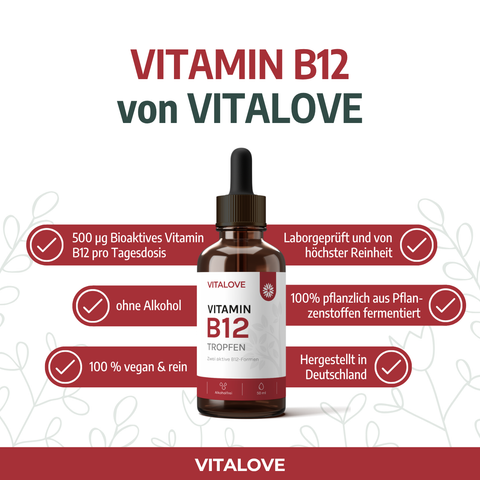 Übersicht der Produkteigenschaften der veganen, alkoholfreien VITALOVE Vitamin B12 Tropfen