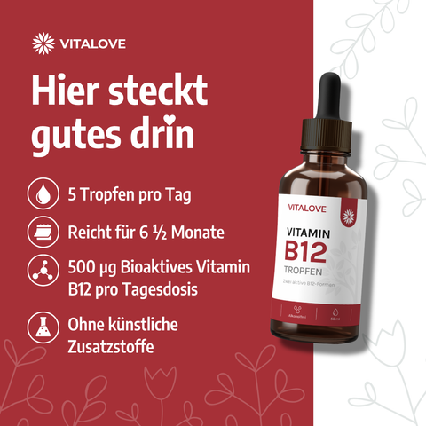 VITALOVE Vitamin B12 Tropfen in einer 50-ml-Flasche auf rotem Hintergrund