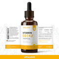 Etikett der VITALOVE Vitamin D3 K2 Tropfen mit MK7 All-Trans, 50 ml