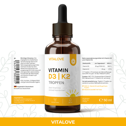Etikett der VITALOVE Vitamin D3 K2 Tropfen mit MK7 All-Trans, 50 ml