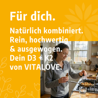 Frau in der Küche mit VITALOVE Vitamin D3 K2 Tropfen – Für-dich-Grafik