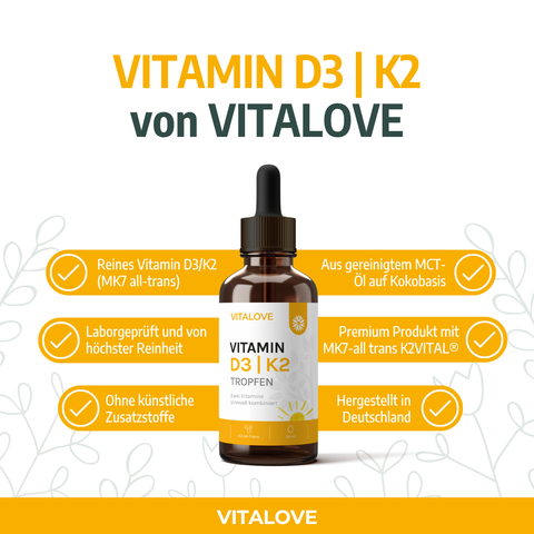 Sechs Produktmerkmale der VITALOVE Vitamin D3 K2 Tropfen in einer Übersicht