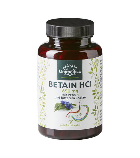Betain HCl - 650 mg - mit Pepsin und bitterem Enzian - 120 Kapseln