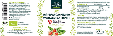Bio Ashwagandha KSM 66® - 500 mg pro Tagesdosis - 5 % Withanolide - 120 Kapseln