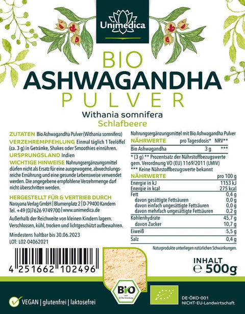 Poudre d'Ashwagandha Bio - 500 g - véritable baie endormie indienne