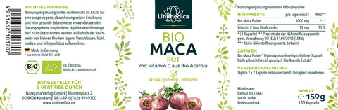 Bio Maca Rot - 3.000 mg pro Tagesdosis - plus Vitamin C aus Bio Acerola - 180 Kapseln