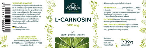 L-carnosine - 500 mg - haute dose - 60 gélules