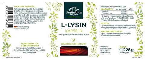 L-Lysin - 1000 mg pro Tagesdosis - 365 Kapseln