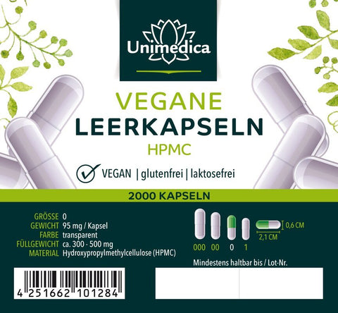 Capsules vides - HPMC - taille 0 - transparent - végétalien - 2 000 pcs