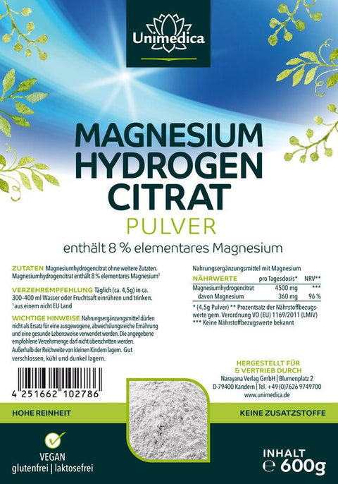 Magnesiumhydrogencitrat Pulver - enthält 8 % elementares Magnesium - 600 g