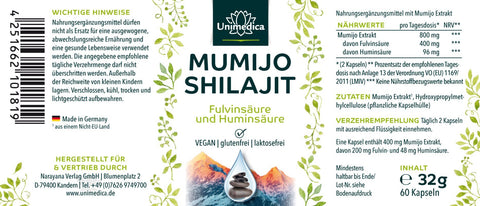 Mumijo Shilajit - 800 mg - "Huminsäure" und Fulvinsäure aus dem Himalaya - 60 Kapseln