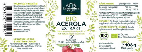 Vitamine C Naturelle - Extrait d'Acérola Bio - 180 Gélules