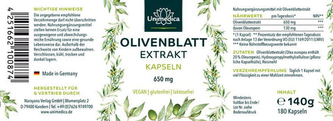 Olivenblatt Extrakt - 650 mg - 180 Kapseln
