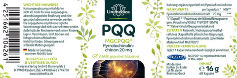 PQQ (MGCPQQ) Pyrrolochinolinchinon - 20 mg pro Tagesdosis - 60 Kapseln