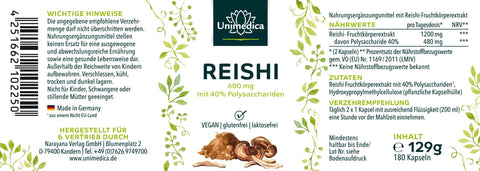 Reishi Extrakt - 1200 mg pro Tagesdosis - 40 % Polysaccharide - 180 Kapseln