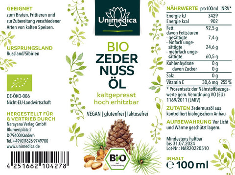 Sibirisches Bio Zedernussöl - kaltgepresst - 100 ml