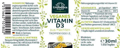 Vitamine D3 Végétalienne - Végétalienne de Lichen - 1 000 UI/25 mg - 30 ml