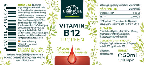 Gouttes de vitamine B12 - avec 250 mg de vitamine B12 par goutte - 50 ml