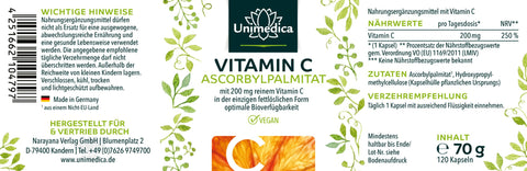 Vitamin C Ascorbylpalmitat - 200 mg Vitamin C pro Tagesdosis - 120 Kapseln