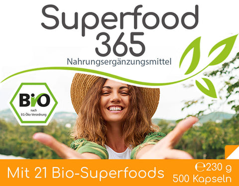 Superfood 365 Bio - mit 21 Bio-Superfoods 500 Kapseln Vorratsbeutel